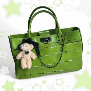 Anne Klein Green Shoulder Bag studded crocodile print locket clasp Teddy Charm